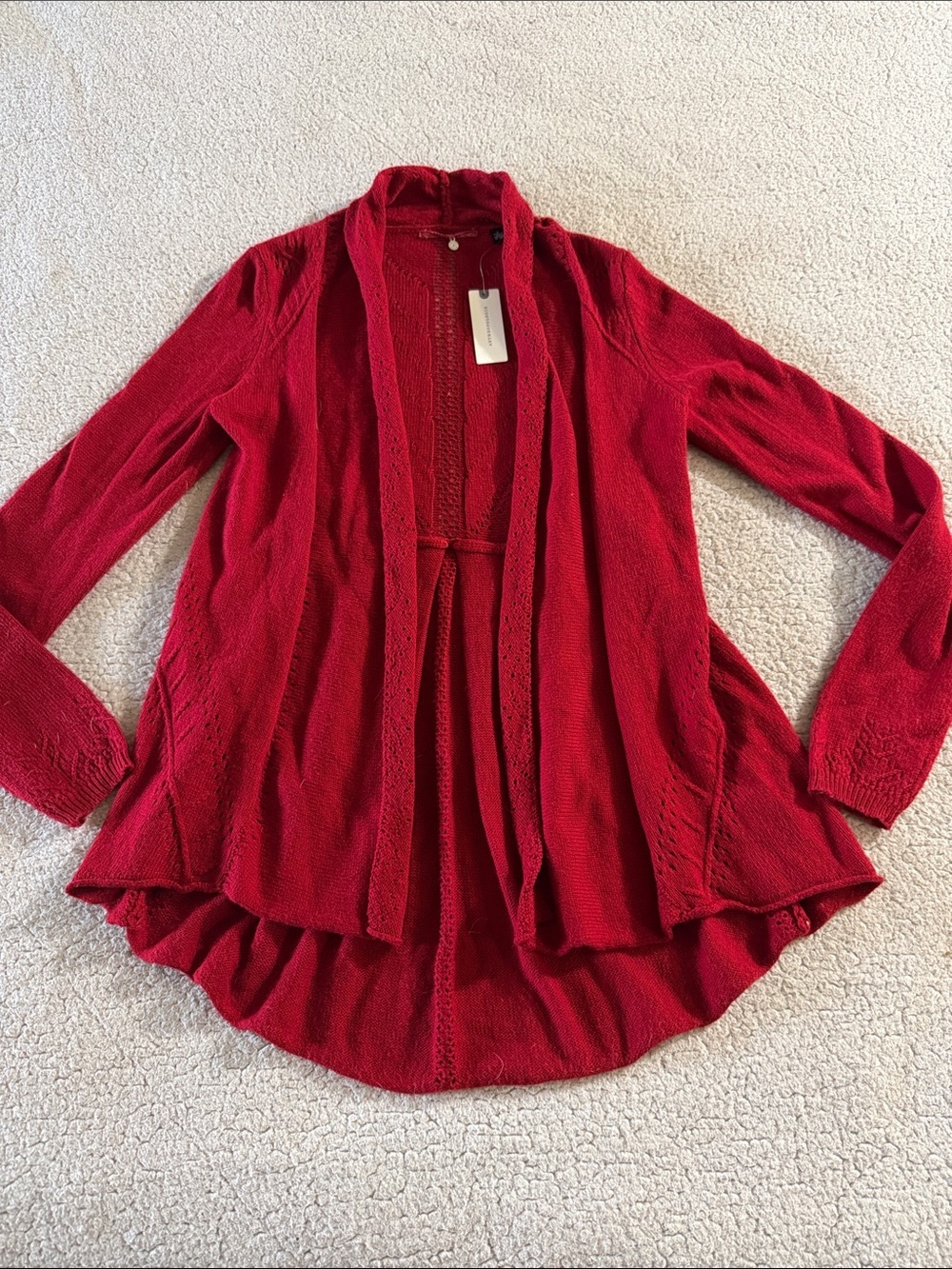 Anthropologie Knitted & Knotted Cherry-Red Open Front Knit Cardigan Small New
